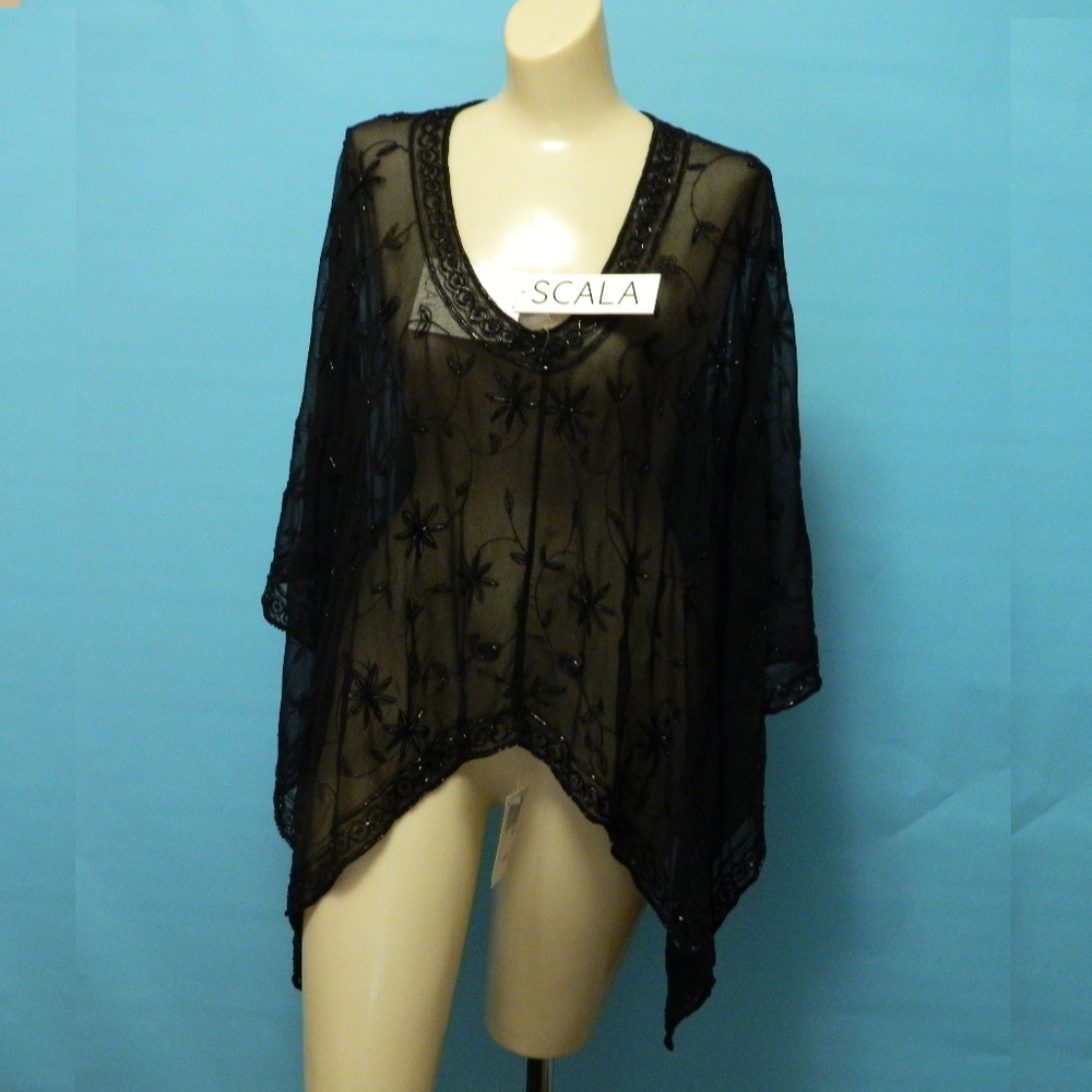 Scala Sheer Black Beaded Poncho/Cape